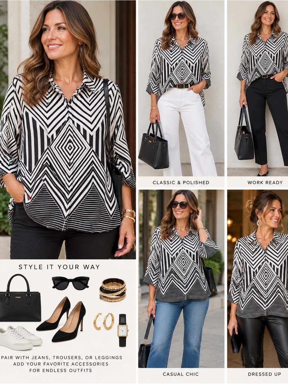 Source Unknown Black & White Geometric Button-Front Womens Shirt